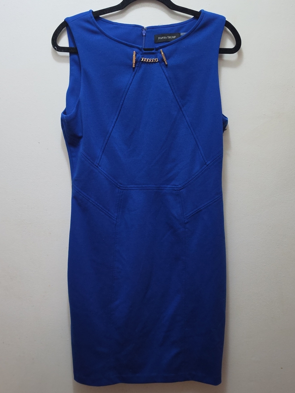 Ivanka Trump Cobalt Blue Sleeveless Sheath Dress with Chain Accent